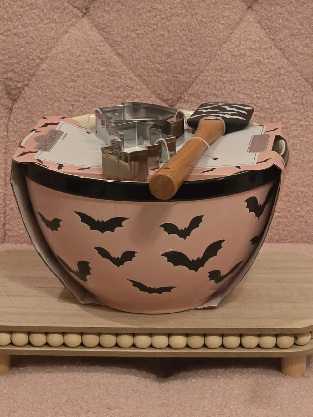 The Bakeshop Pink Bat-Print Mixing Bowl with Utensils
